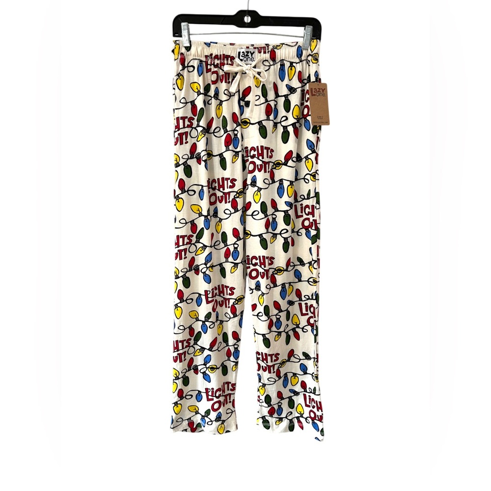 Lazy One men Pajama Lounge Pants S ivory cotton Lights Out Holiday Christmas NWT